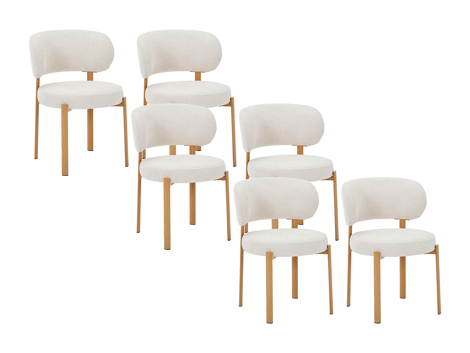 Lot de 6 chaises en tissu texturé et métal effet bois - Crème et Naturel clair - ASILOVA