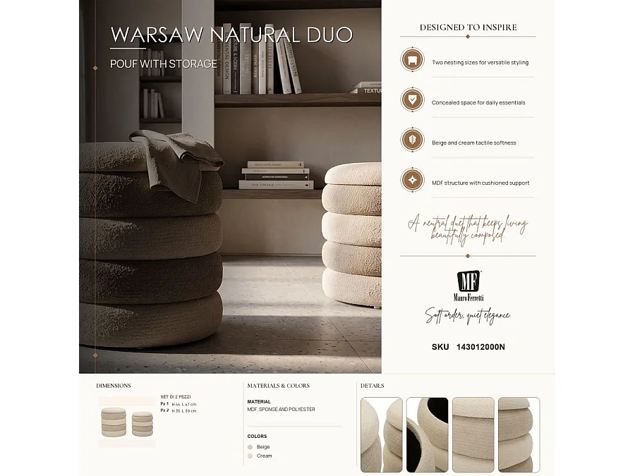 Set de 2 pufs redondos con almacenaje tapizados Warsaw Duo - Beige