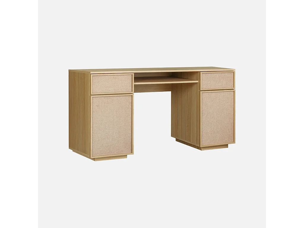 Bureau décor bois et tissu 2 portes 2 tiroirs 1 niche 140cm naturel - Kuba