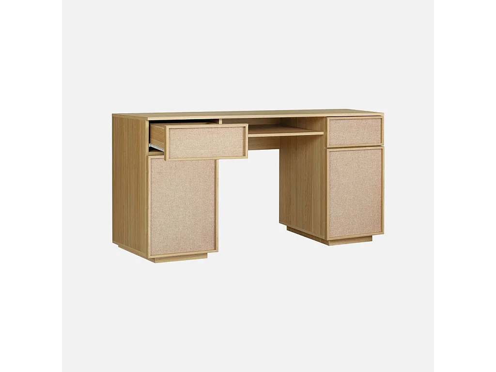 Bureau décor bois et tissu 2 portes 2 tiroirs 1 niche 140cm naturel - Kuba