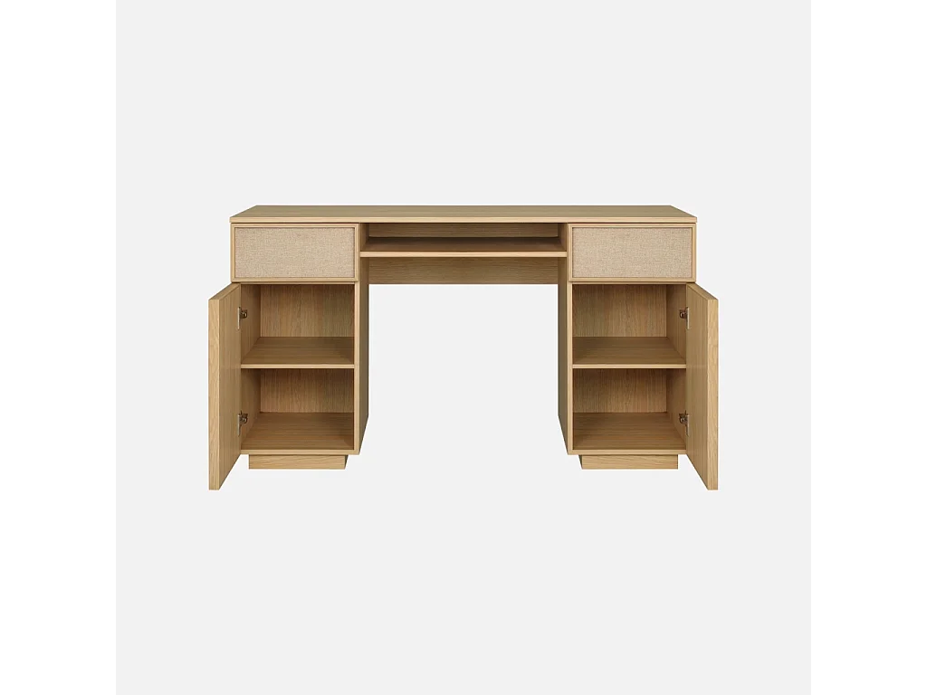 Bureau décor bois et tissu 2 portes 2 tiroirs 1 niche 140cm naturel - Kuba
