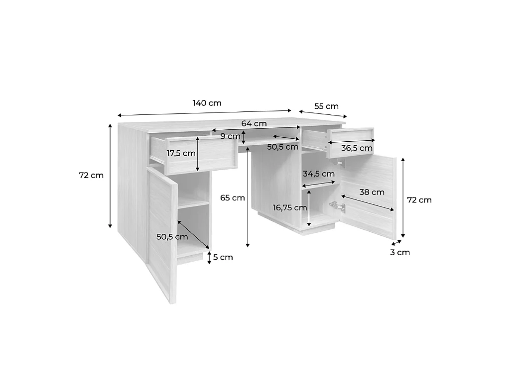 Bureau décor bois et tissu 2 portes 2 tiroirs 1 niche 140cm naturel - Kuba