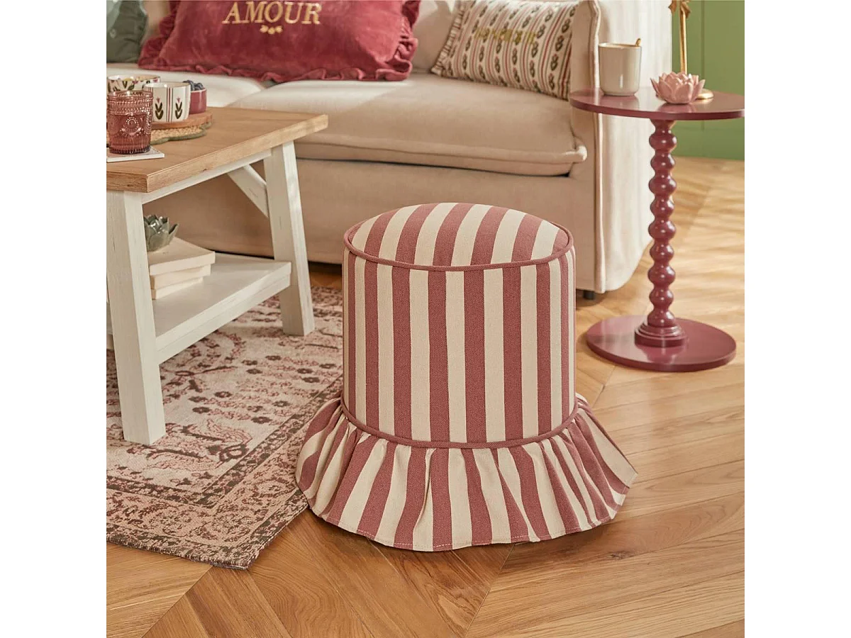 Pouf Rayé à Volant "Fiora" 41cm Rose