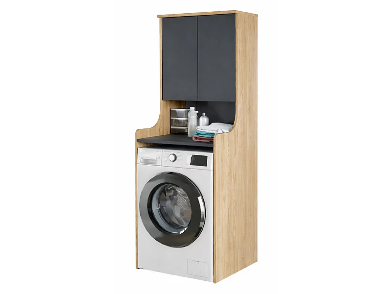 Meuble Lave-Linge 2 Portes 3 Niches Chêne et Gris L 64.8 H 181 P 61.8 cm