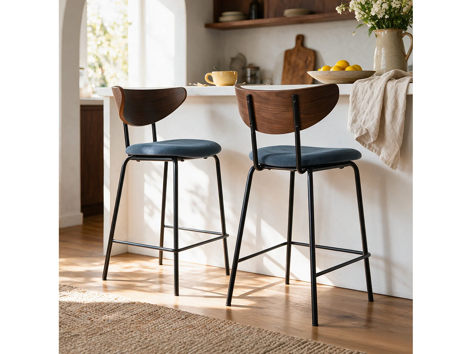 Lot de 2 chaises pour îlot central, velours côtelé bleu marine 64.5 cm - Jade