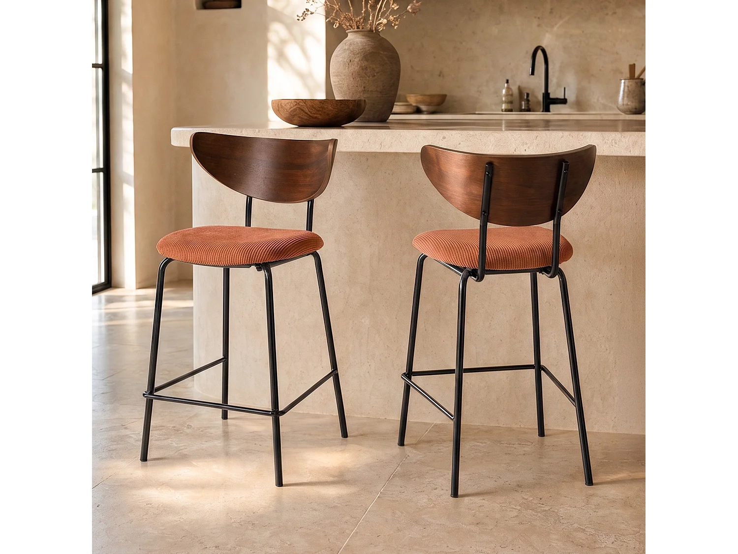 Lot de 2 chaises pour îlot central, velours côtelé terracotta 64.5 cm - Jade