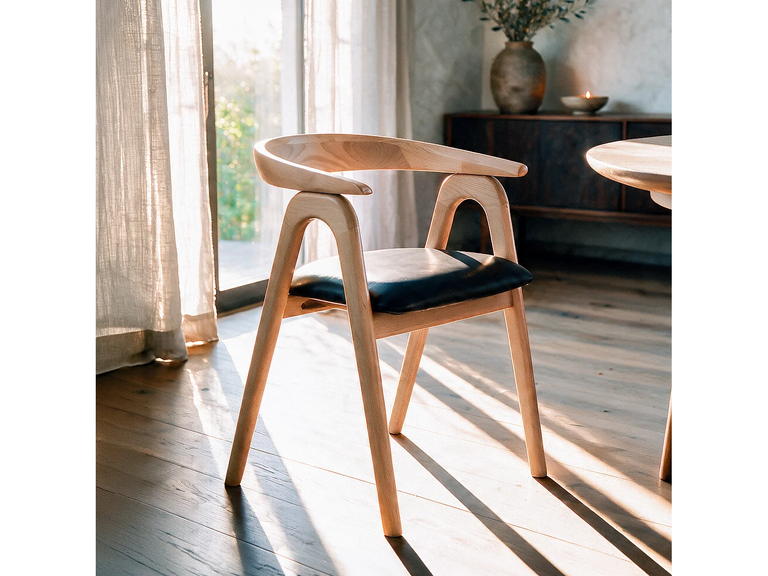 Silla de madera de caucho rubio y cuero sintético negro - Hawa