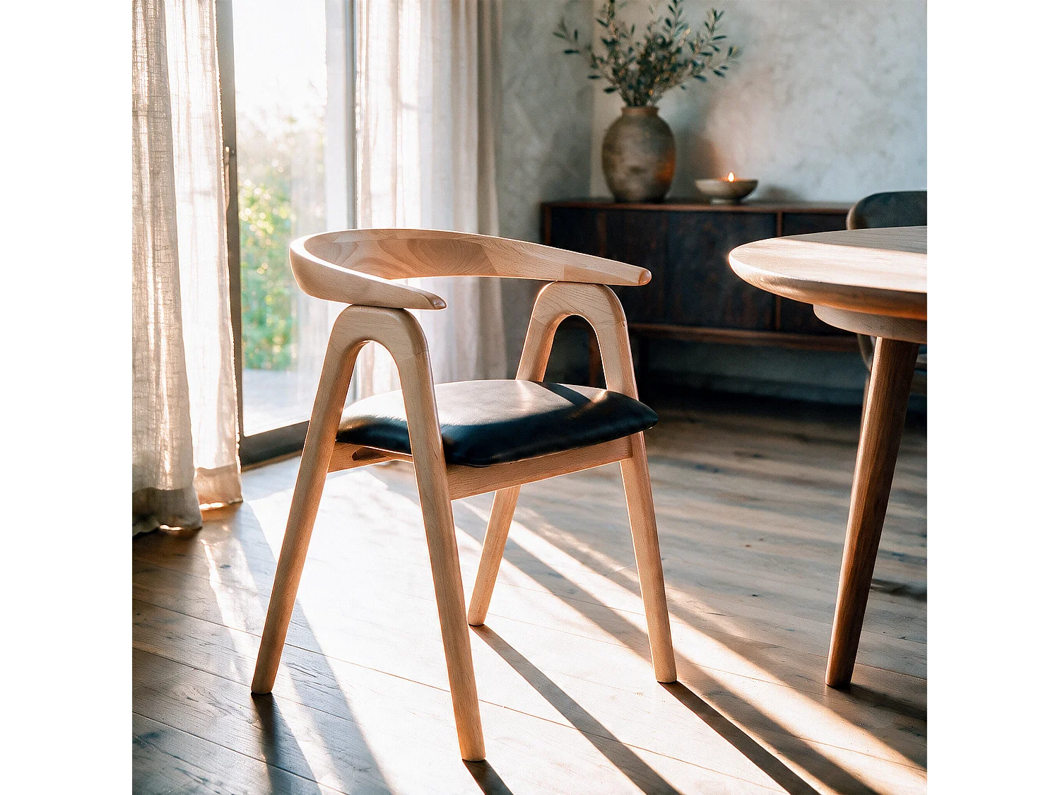 Silla de madera de caucho rubio y cuero sintético negro - Hawa