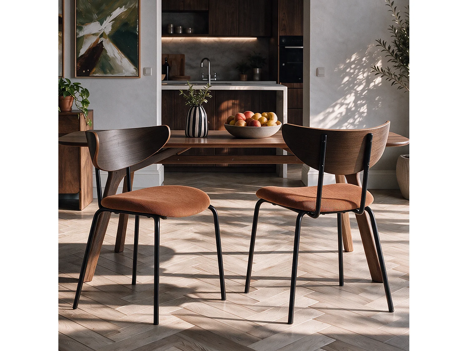 Set di 2 sedie in velluto a coste terracotta e schienale in legno - Jade