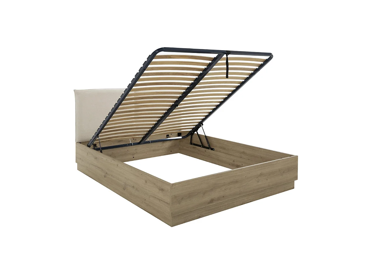 Lit coffre avec tête de lit en tissu beige 140 x 190 cm décor chêne - TIDY