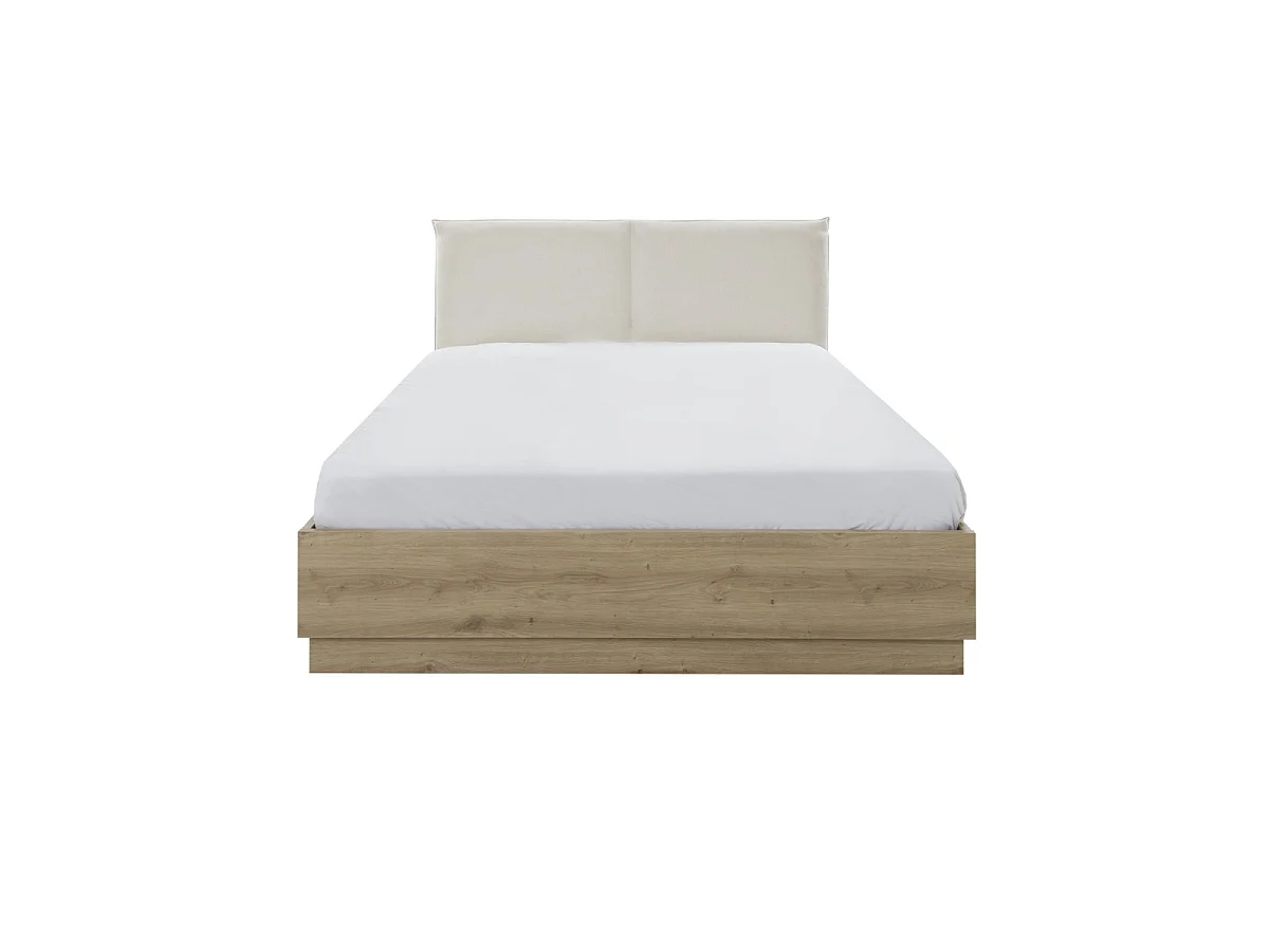 Lit coffre avec tête de lit en tissu beige 140 x 190 cm décor chêne - TIDY