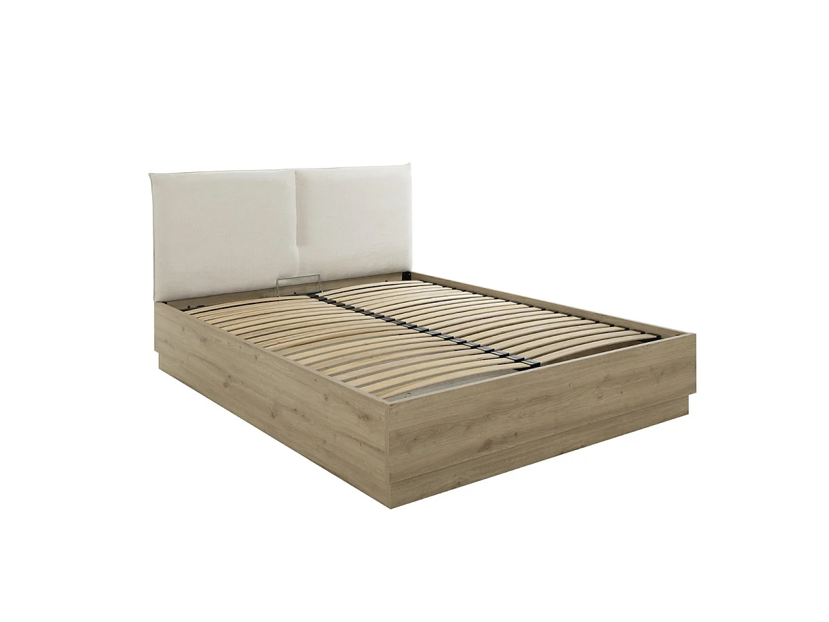 Lit coffre avec tête de lit en tissu beige 140 x 190 cm décor chêne - TIDY