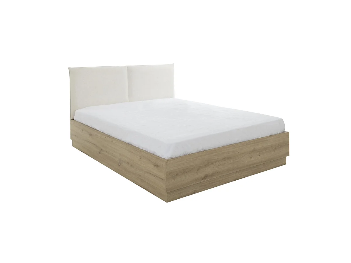 Lit coffre avec tête de lit en tissu beige 140 x 190 cm décor chêne - TIDY