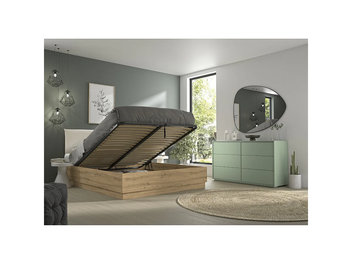 Lit coffre avec tête de lit en tissu beige 140 x 190 cm décor chêne - TIDY