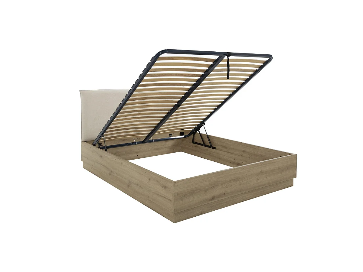 Lit coffre avec tête de lit en tissu beige 160 x 200 cm décor chêne - TIDY