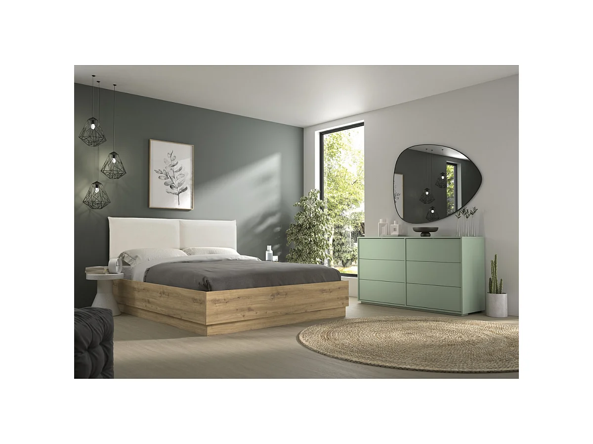 Lit coffre avec tête de lit en tissu beige 160 x 200 cm décor chêne - TIDY