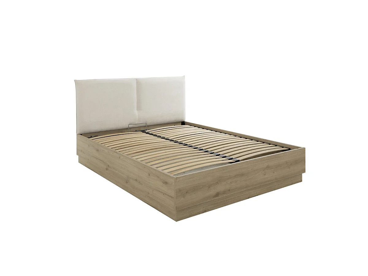 Lit coffre avec tête de lit en tissu beige 160 x 200 cm décor chêne - TIDY