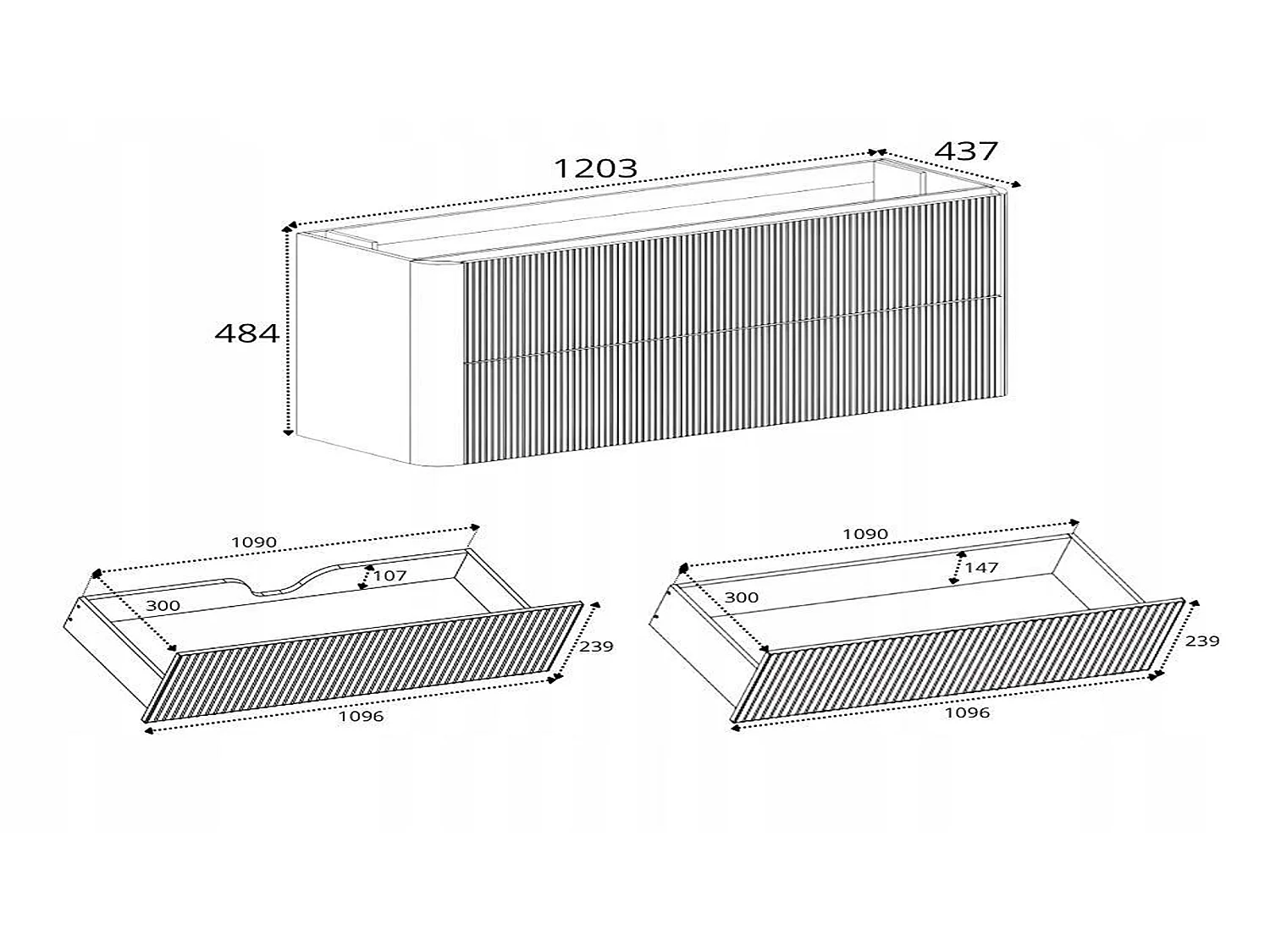 Wastafelmeubel 120cm - Hangend - Geribbeld Zwart - zonder blad – RODAN