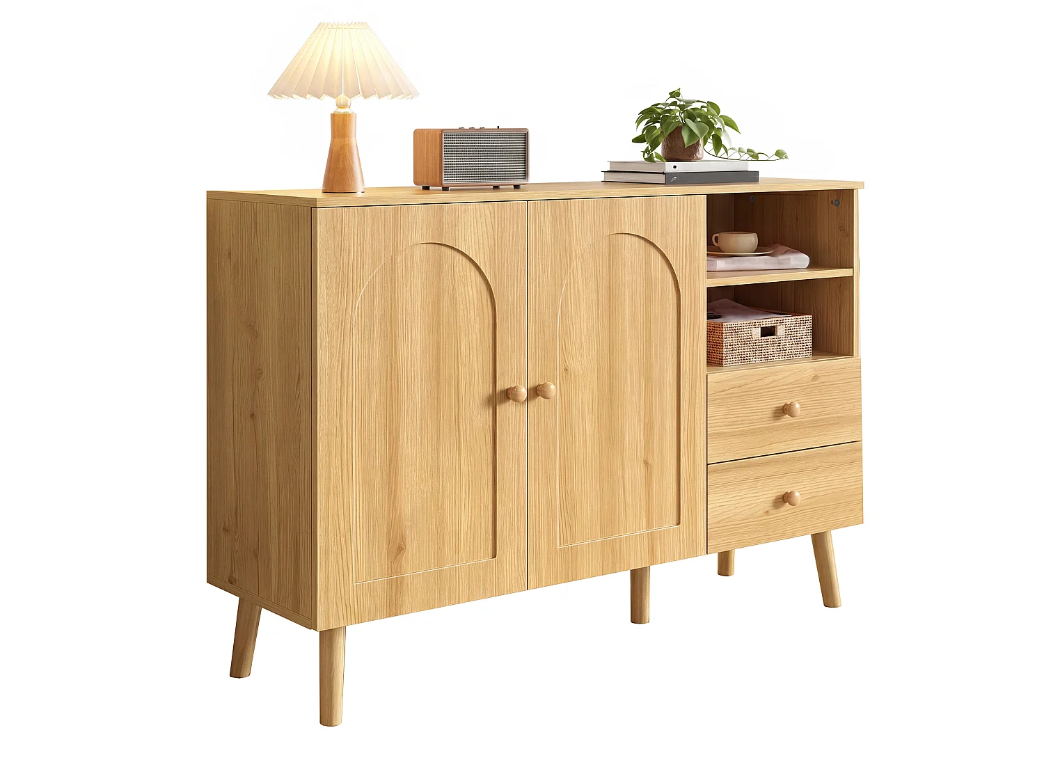 Sideboard mit 2 Türen, 2 Schubladen und offenen Fächern – 118 x 35 x 82 cm – Spanplatte und MDF – Natur