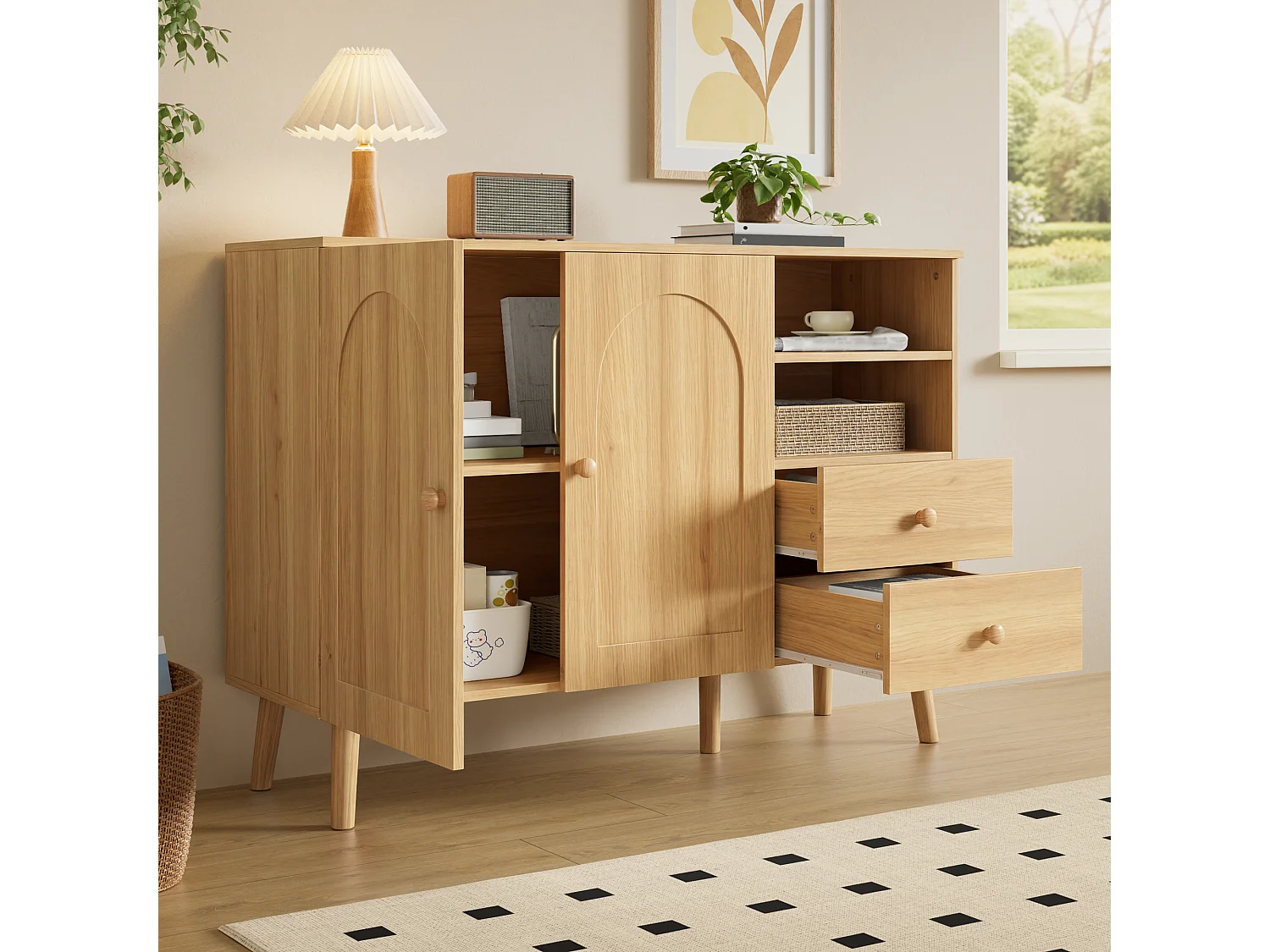 Sideboard mit 2 Türen, 2 Schubladen und offenen Fächern – 118 x 35 x 82 cm – Spanplatte und MDF – Natur