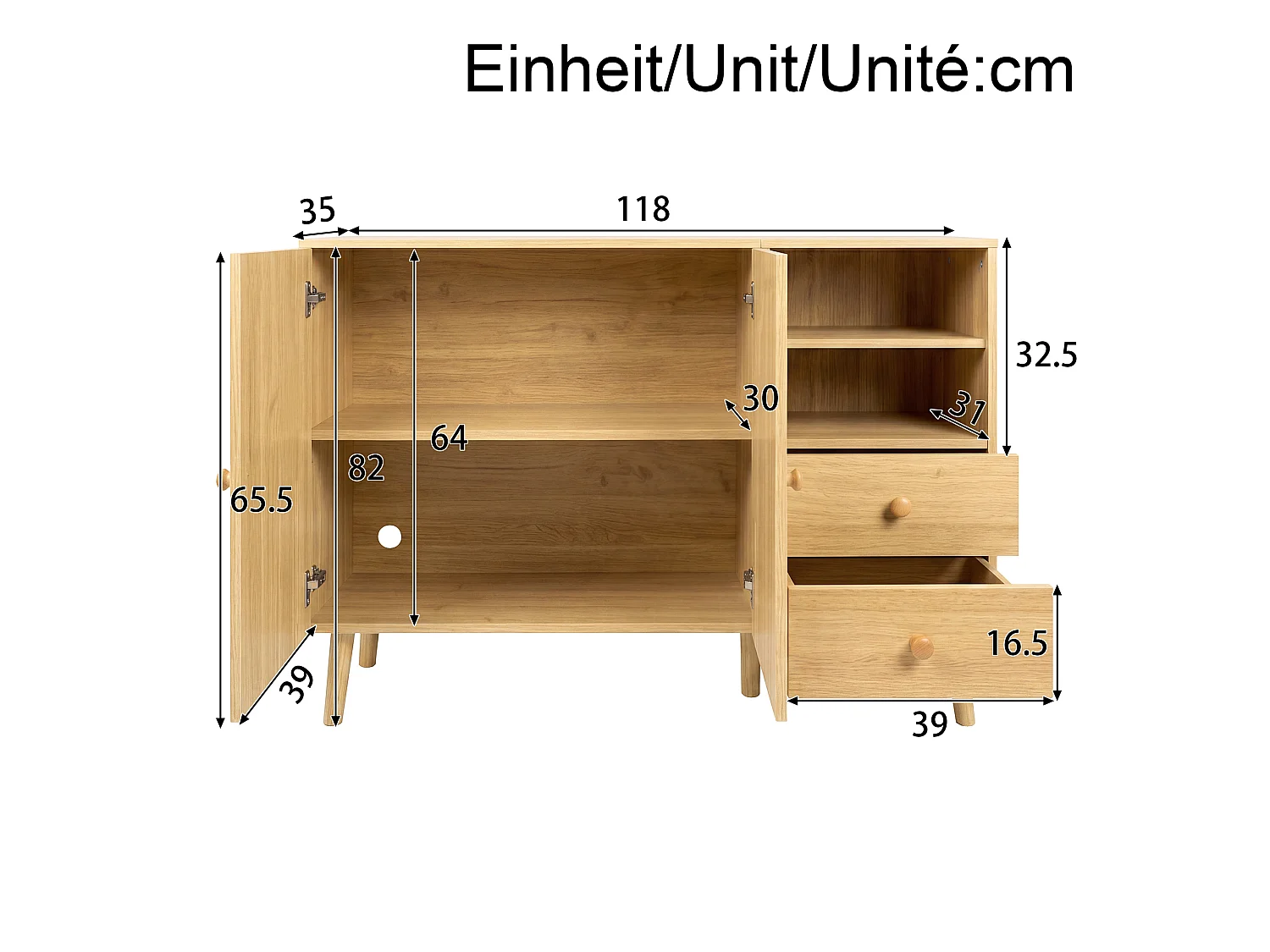 Sideboard mit 2 Türen, 2 Schubladen und offenen Fächern – 118 x 35 x 82 cm – Spanplatte und MDF – Natur