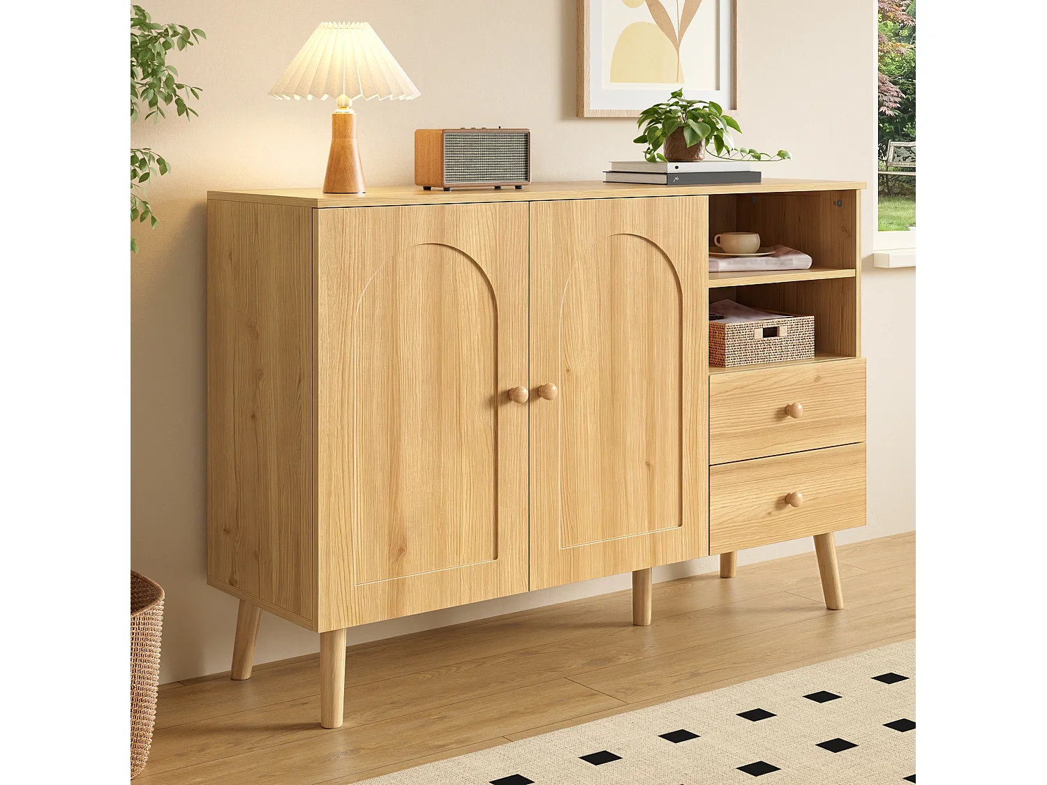Sideboard mit 2 Türen, 2 Schubladen und offenen Fächern – 118 x 35 x 82 cm – Spanplatte und MDF – Natur