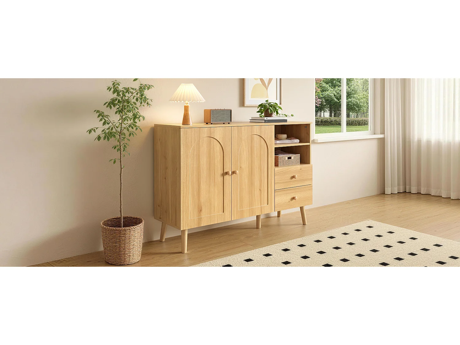 Sideboard mit 2 Türen, 2 Schubladen und offenen Fächern – 118 x 35 x 82 cm – Spanplatte und MDF – Natur