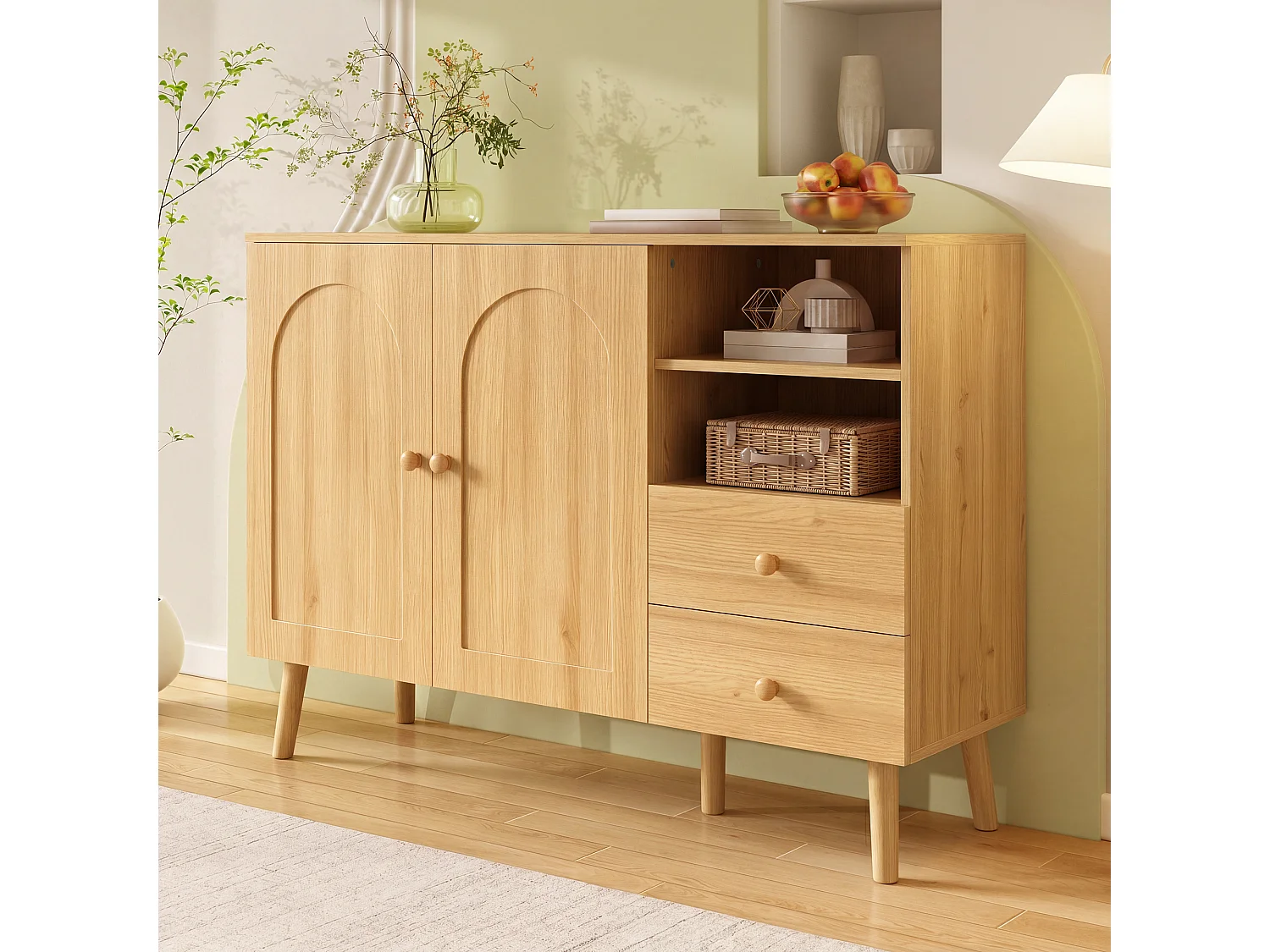 Sideboard mit 2 Türen, 2 Schubladen und offenen Fächern – 118 x 35 x 82 cm – Spanplatte und MDF – Natur