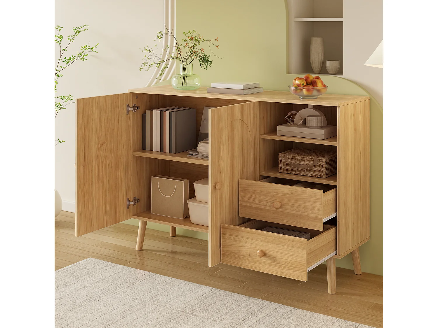 Sideboard mit 2 Türen, 2 Schubladen und offenen Fächern – 118 x 35 x 82 cm – Spanplatte und MDF – Natur