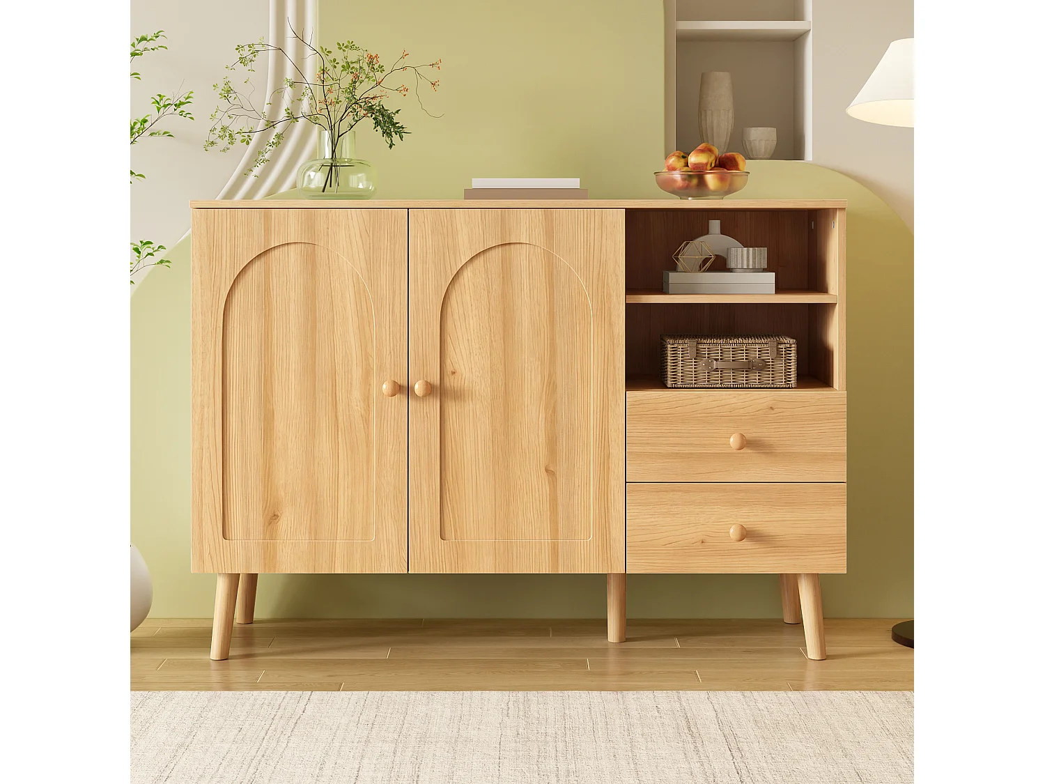Sideboard mit 2 Türen, 2 Schubladen und offenen Fächern – 118 x 35 x 82 cm – Spanplatte und MDF – Natur
