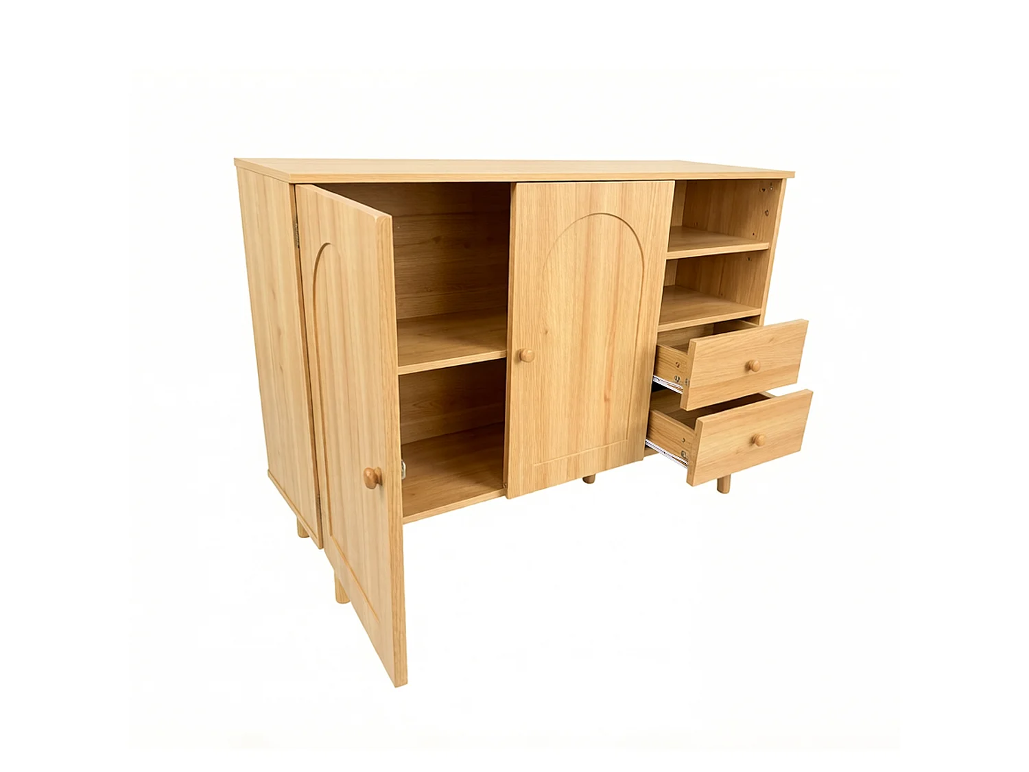 Sideboard mit 2 Türen, 2 Schubladen und offenen Fächern – 118 x 35 x 82 cm – Spanplatte und MDF – Natur