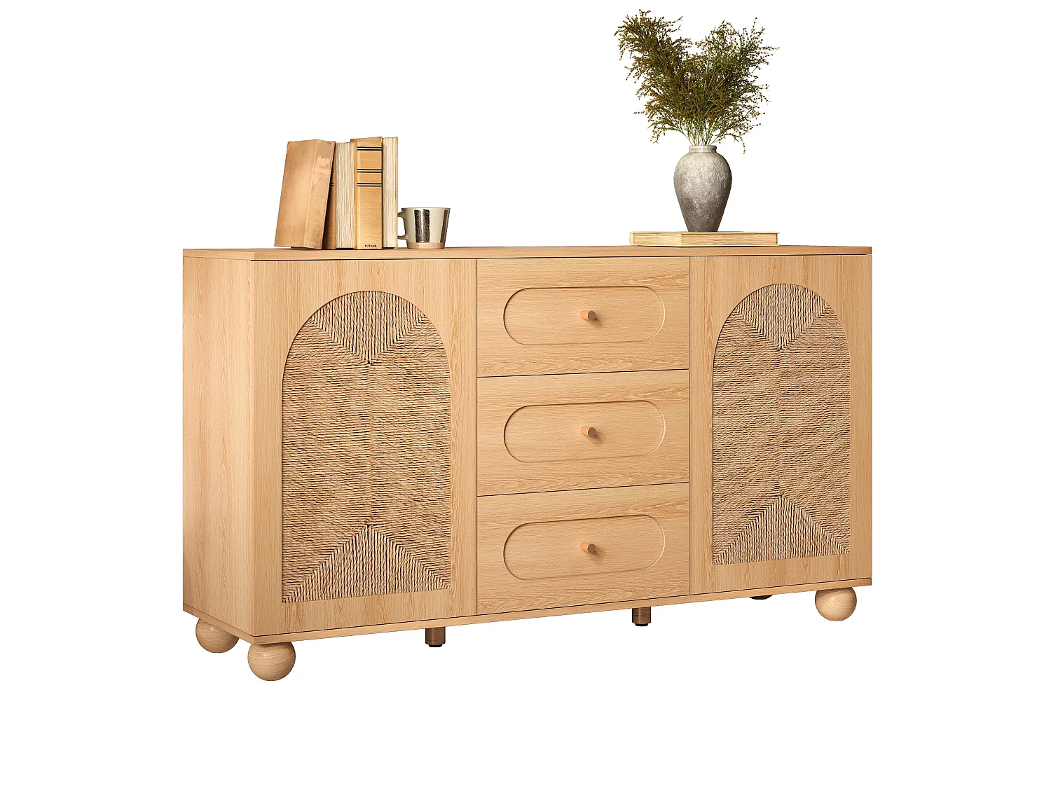 Sideboard mit 2 Türen, geflochtener Front und 3 Schubladen – Spanplatte + MDF – 140 × 40 × 80 cm – Naturholz