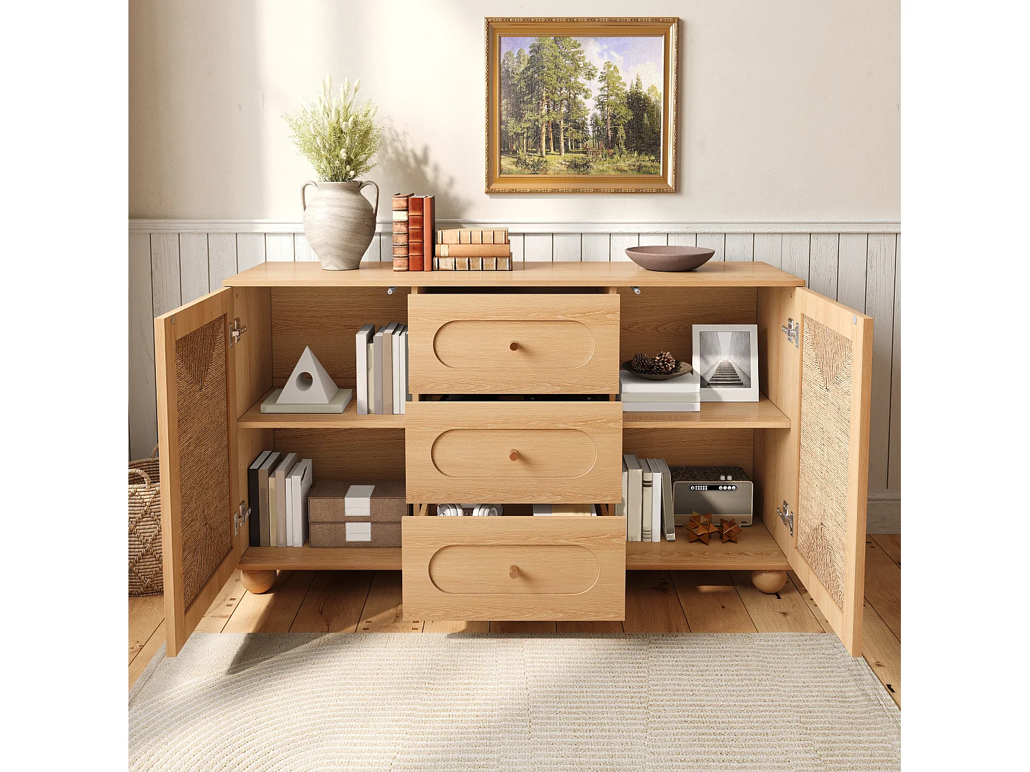 Sideboard mit 2 Türen, geflochtener Front und 3 Schubladen – Spanplatte + MDF – 140 × 40 × 80 cm – Naturholz