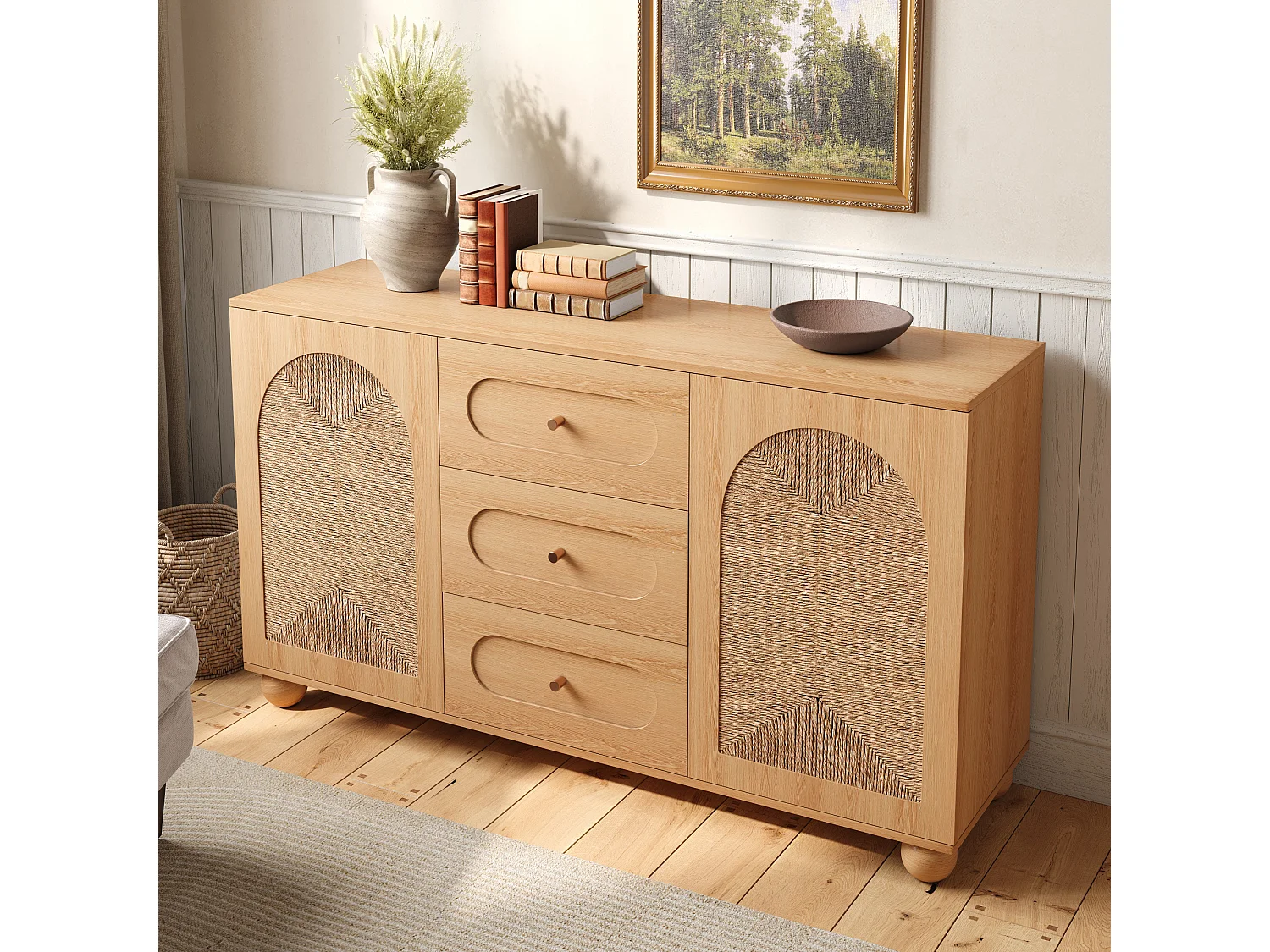 Sideboard mit 2 Türen, geflochtener Front und 3 Schubladen – Spanplatte + MDF – 140 × 40 × 80 cm – Naturholz