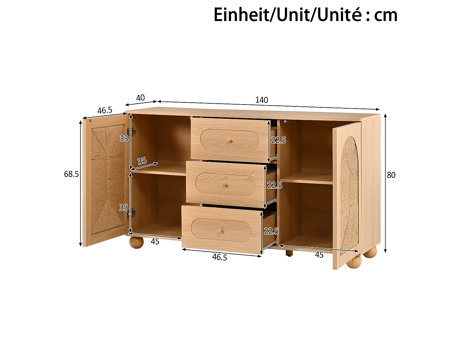Sideboard mit 2 Türen, geflochtener Front und 3 Schubladen – Spanplatte + MDF – 140 × 40 × 80 cm – Naturholz