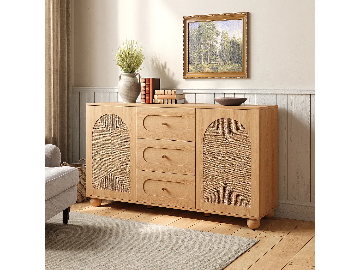 Sideboard mit 2 Türen, geflochtener Front und 3 Schubladen – Spanplatte + MDF – 140 × 40 × 80 cm – Naturholz