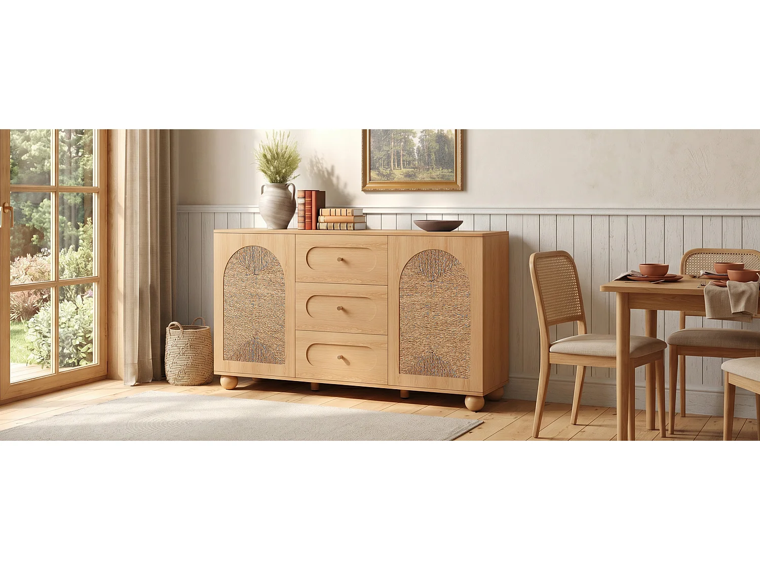 Sideboard mit 2 Türen, geflochtener Front und 3 Schubladen – Spanplatte + MDF – 140 × 40 × 80 cm – Naturholz