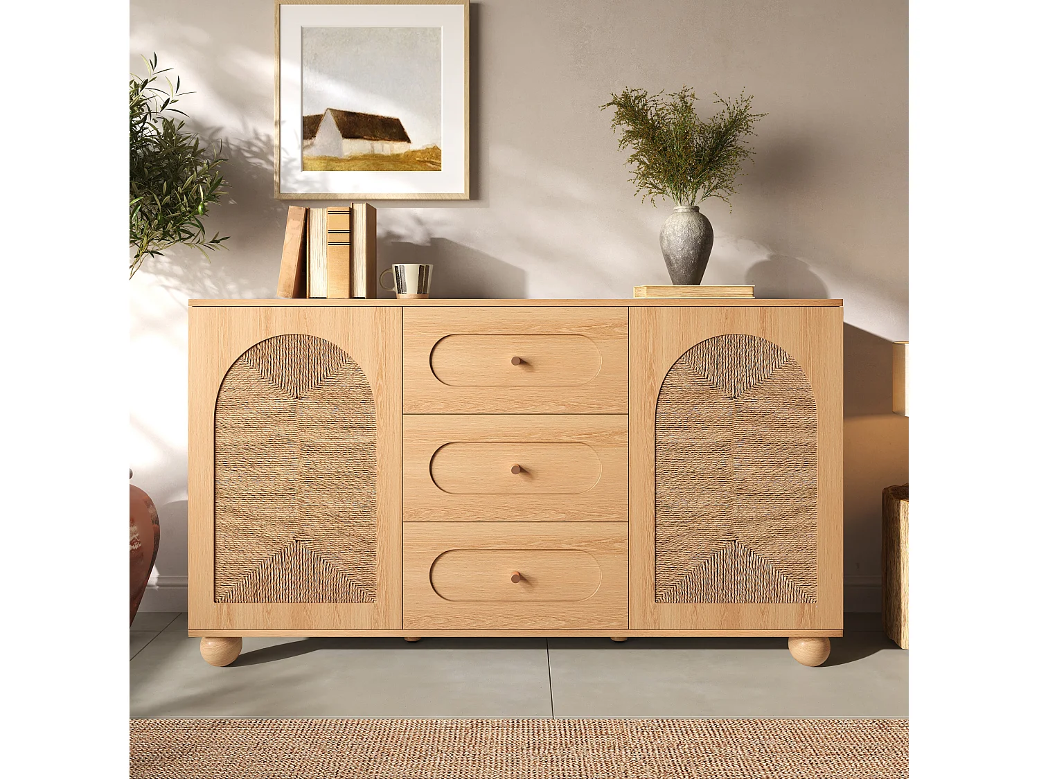 Sideboard mit 2 Türen, geflochtener Front und 3 Schubladen – Spanplatte + MDF – 140 × 40 × 80 cm – Naturholz
