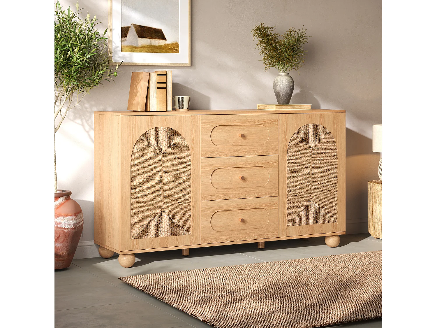 Sideboard mit 2 Türen, geflochtener Front und 3 Schubladen – Spanplatte + MDF – 140 × 40 × 80 cm – Naturholz