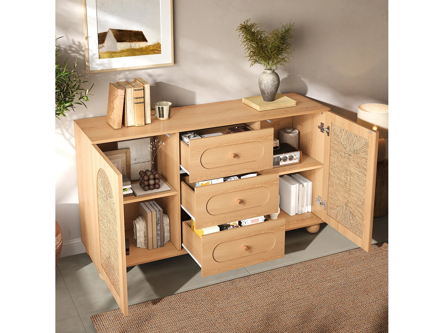 Sideboard mit 2 Türen, geflochtener Front und 3 Schubladen – Spanplatte + MDF – 140 × 40 × 80 cm – Naturholz