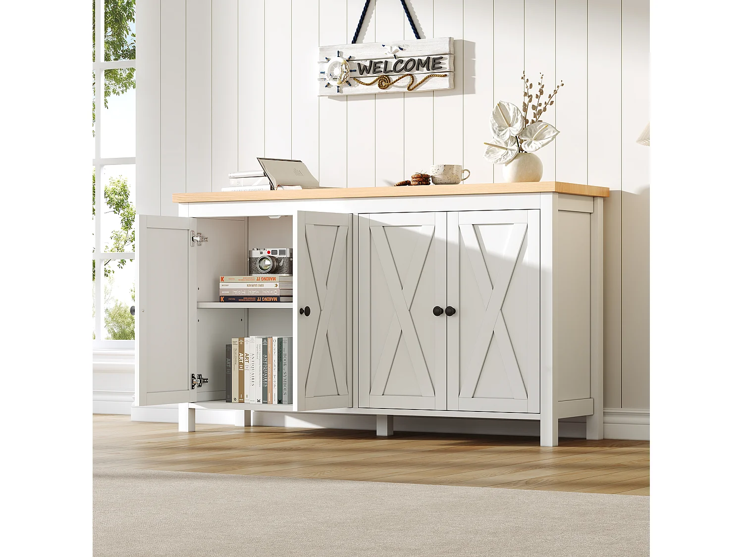Sideboard mit 4 Türen, 2 verstellbaren Einlegeböden und X-förmigen Türen – MDF – 140 x 40 x 78 cm – Weiß
