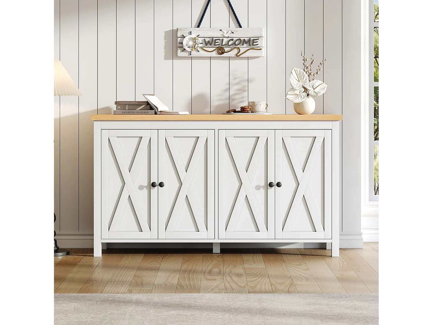 Sideboard mit 4 Türen, 2 verstellbaren Einlegeböden und X-förmigen Türen – MDF – 140 x 40 x 78 cm – Weiß