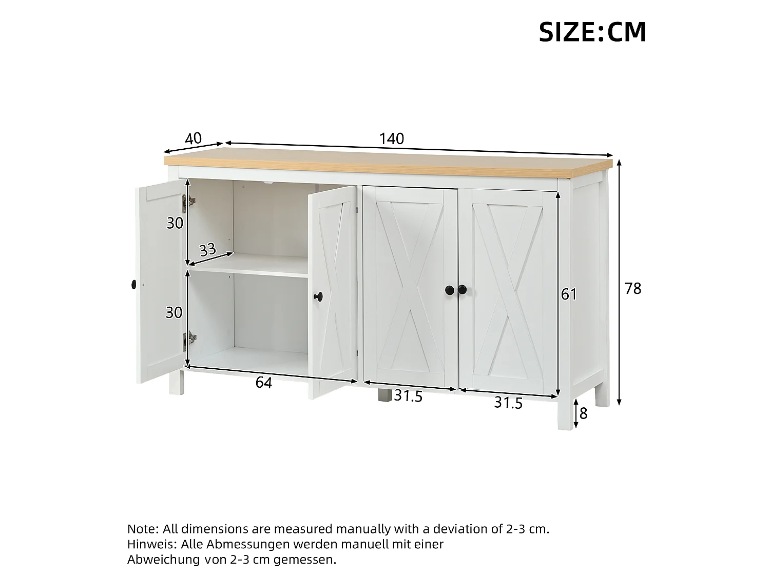 Sideboard mit 4 Türen, 2 verstellbaren Einlegeböden und X-förmigen Türen – MDF – 140 x 40 x 78 cm – Weiß