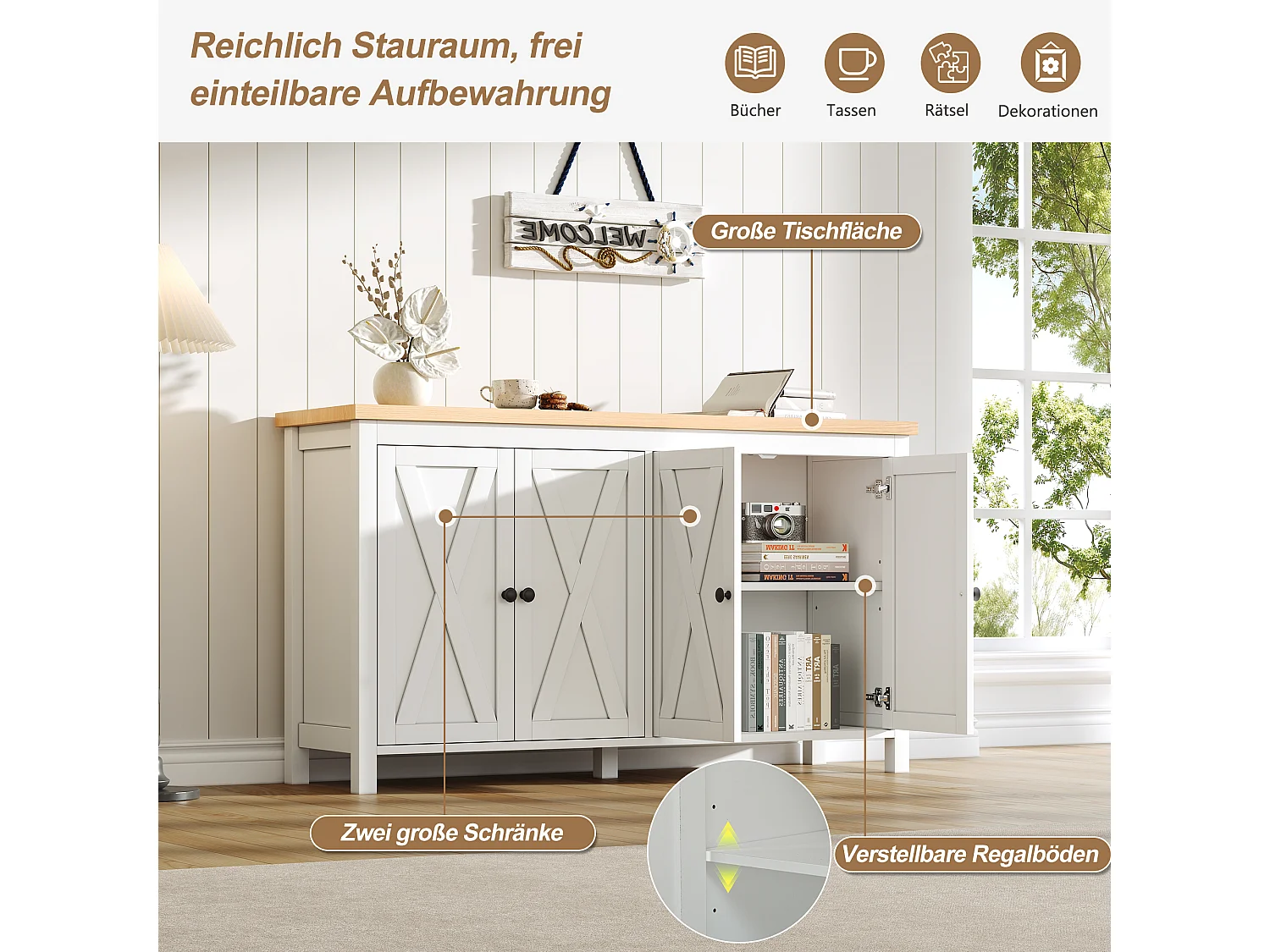 Sideboard mit 4 Türen, 2 verstellbaren Einlegeböden und X-förmigen Türen – MDF – 140 x 40 x 78 cm – Weiß