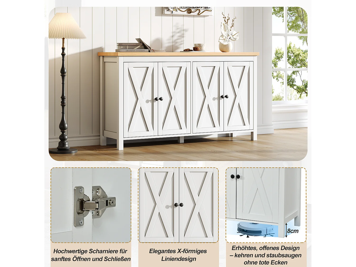Sideboard mit 4 Türen, 2 verstellbaren Einlegeböden und X-förmigen Türen – MDF – 140 x 40 x 78 cm – Weiß