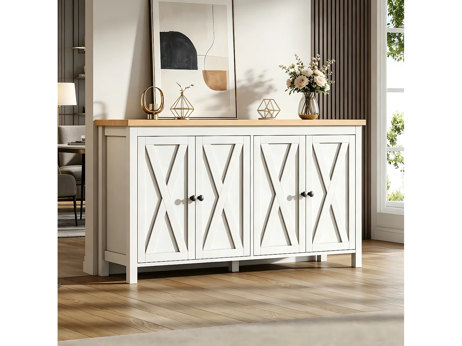 Sideboard mit 4 Türen, 2 verstellbaren Einlegeböden und X-förmigen Türen – MDF – 140 x 40 x 78 cm – Weiß