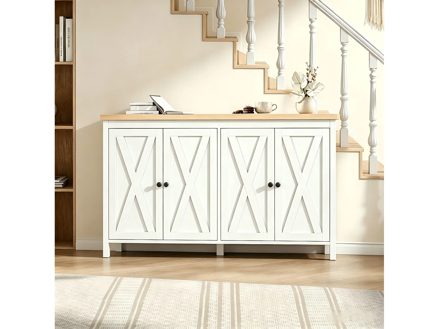 Sideboard mit 4 Türen, 2 verstellbaren Einlegeböden und X-förmigen Türen – MDF – 140 x 40 x 78 cm – Weiß