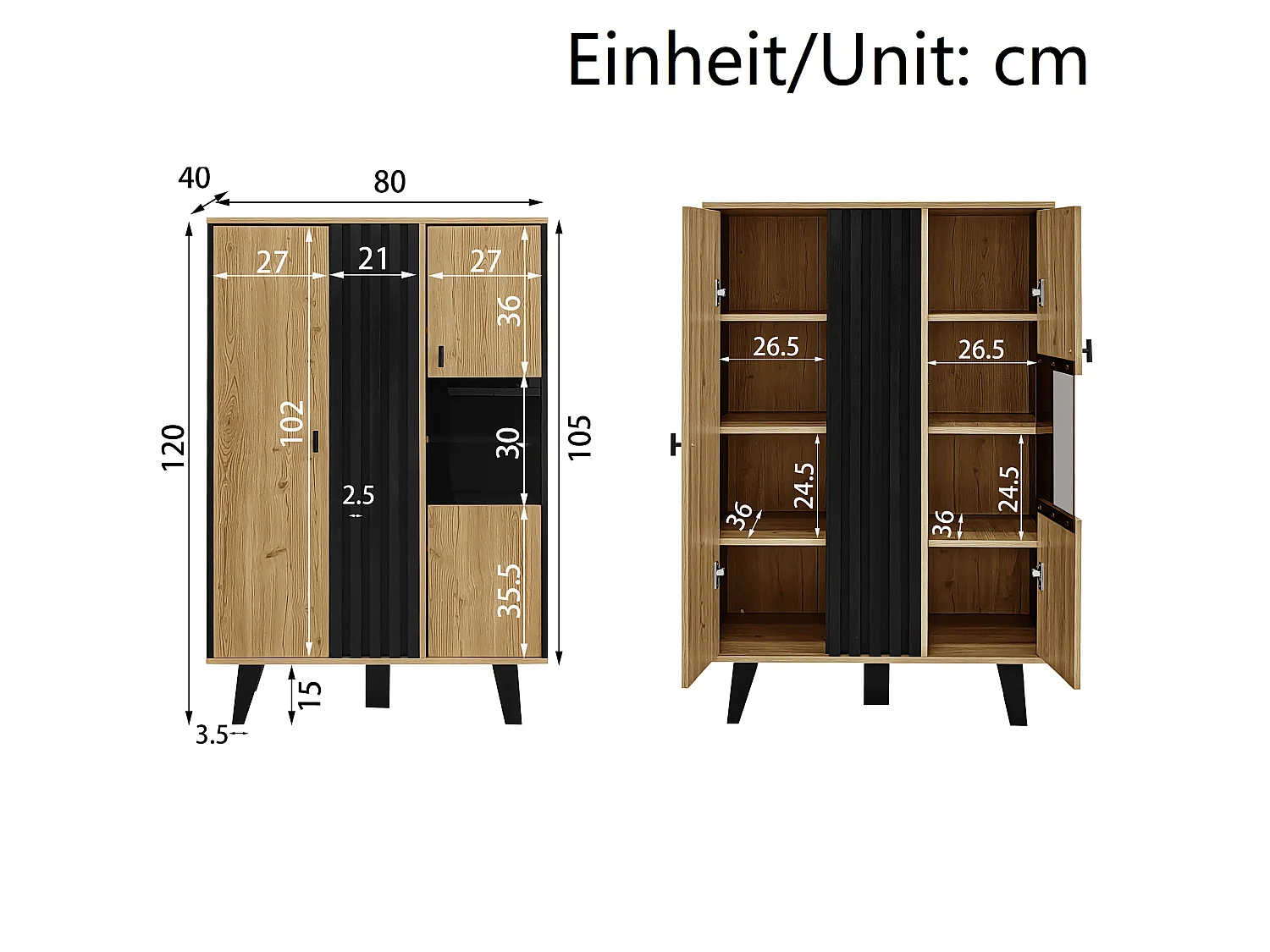 Sideboard mit 2 Türen und 4 Einlegeböden – 80 x 40 x 120 cm – LED-Beleuchtung – Spanplatte – Schwarz gestreiftes Muster – Holzfarbe