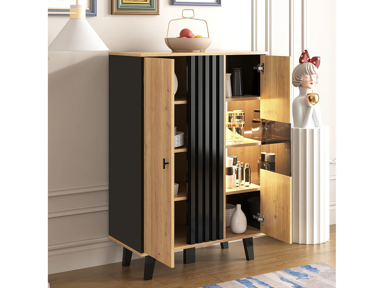 Sideboard mit 2 Türen und 4 Einlegeböden – 80 x 40 x 120 cm – LED-Beleuchtung – Spanplatte – Schwarz gestreiftes Muster – Holzfarbe