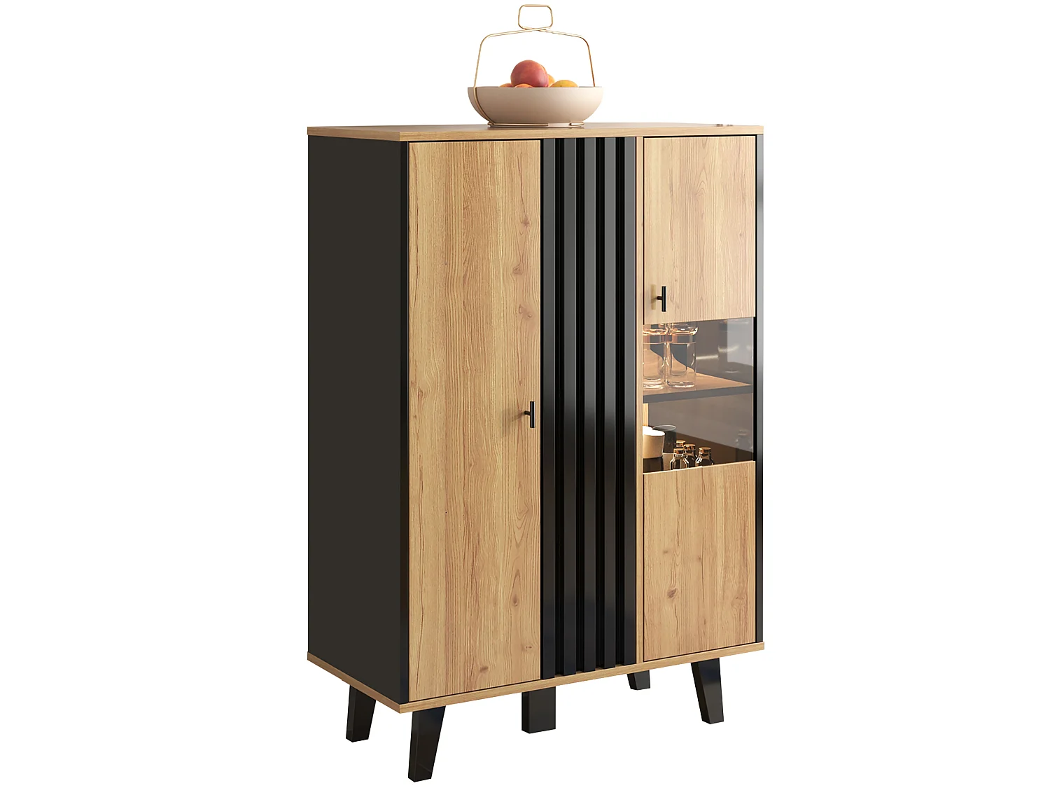 Sideboard mit 2 Türen und 4 Einlegeböden – 80 x 40 x 120 cm – LED-Beleuchtung – Spanplatte – Schwarz gestreiftes Muster – Holzfarbe
